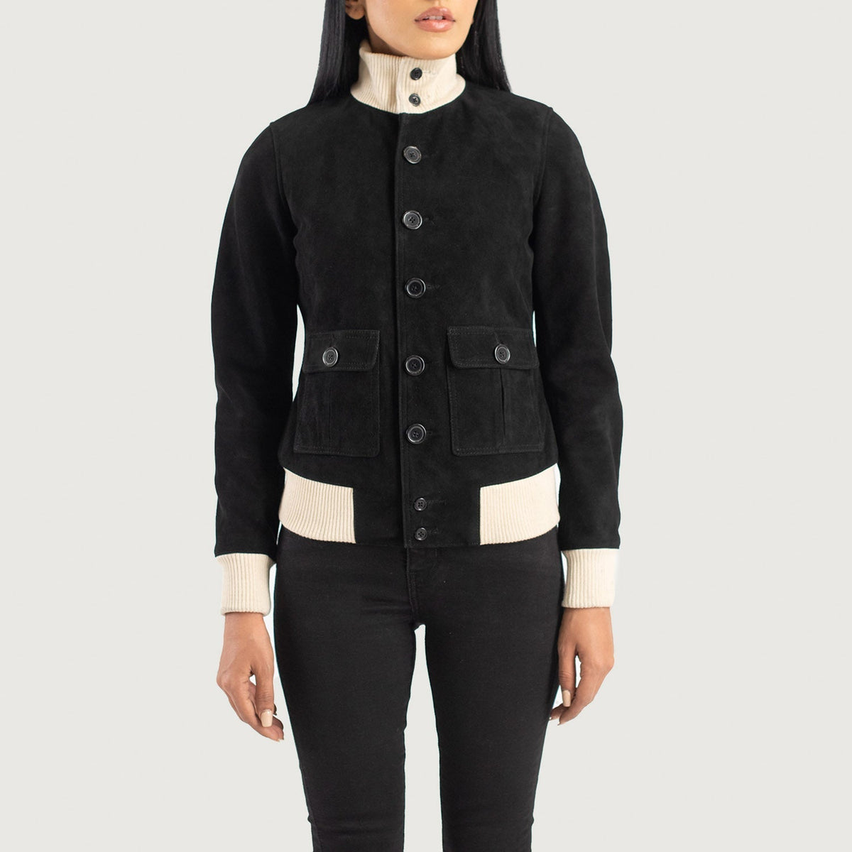 
クローズアップ詳細 of Knit Rib & Buttons Hardware on Sasha A1 Black Suede Bomber Jacket