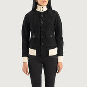 
クローズアップ詳細 of Knit Rib & Buttons Hardware on Sasha A1 Black Suede Bomber Jacket