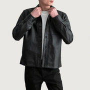 Scout ブラック Leather Shirt メンズ in Black Sheepskin Leather - Front Profile View &amp; Tailored Silhouette | Buy Online