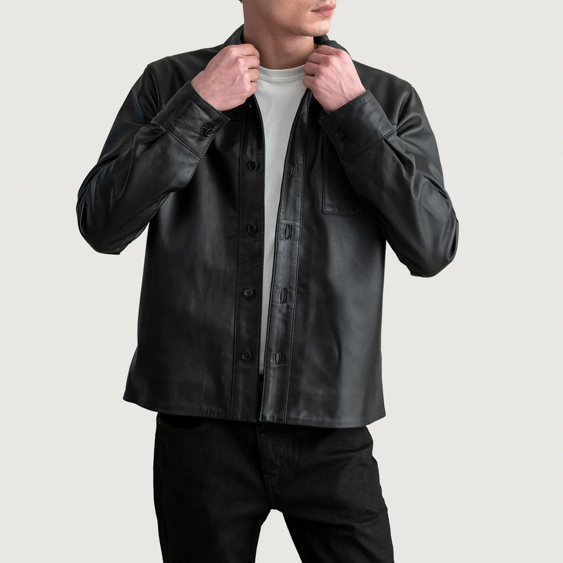 Scout ブラック Leather Shirt メンズ