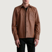 Scout Matte ブラウン Leather Shirt メンズ in Matte Brown Cowhide Leather - Front Profile View &amp; Tailored Silhouette | Buy Online