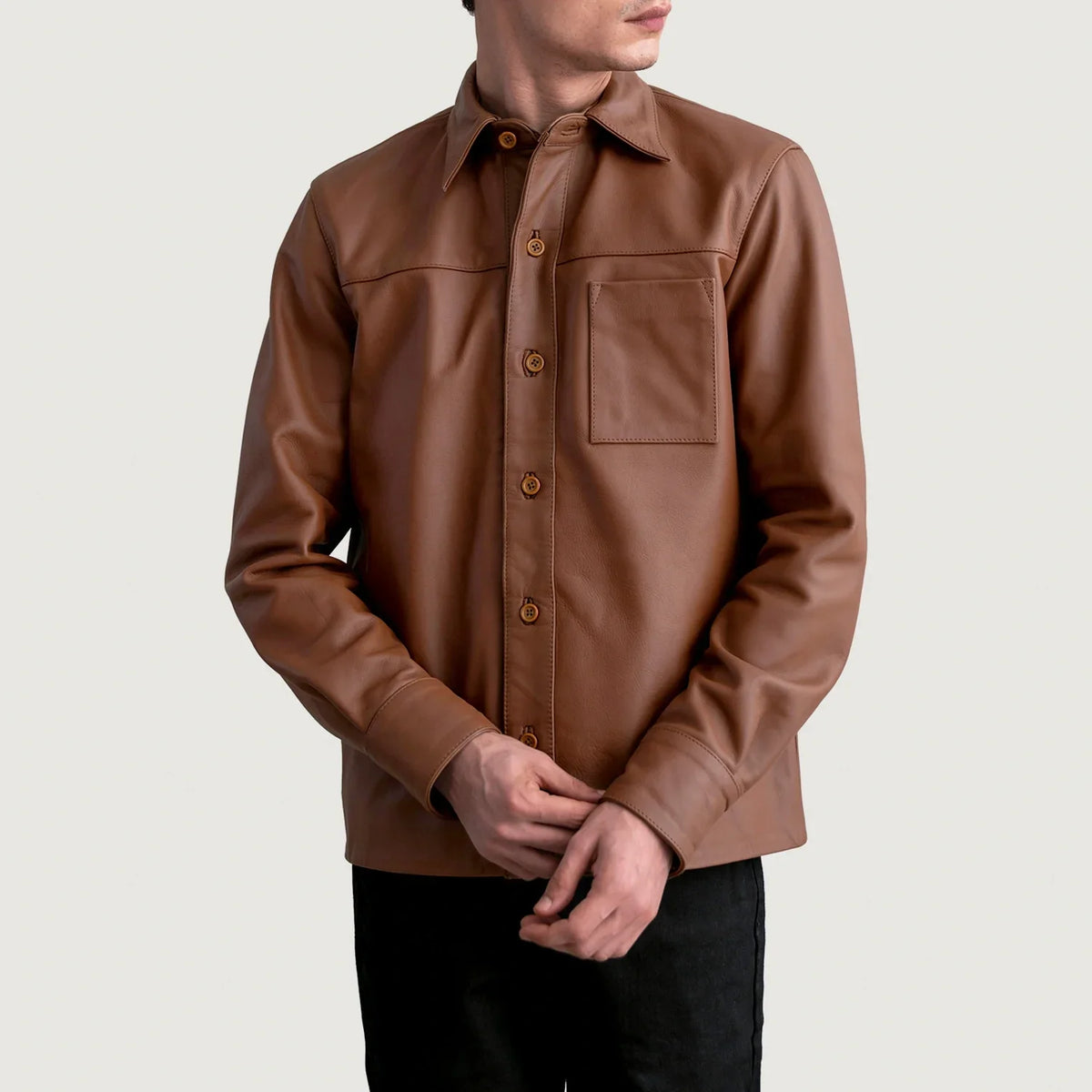Scout Matte ブラウン Leather Shirt メンズ - Lateral Side Profile View Showing Sleeve Cut &amp; Athletic Taper Fit
