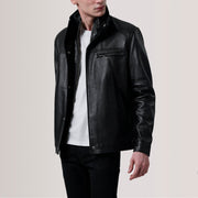Sean ブラック Leather Classic レザージャケット メンズ For Men in Black Sheepskin Leather - Front Profile View &amp; Tailored Silhouette | Buy Online