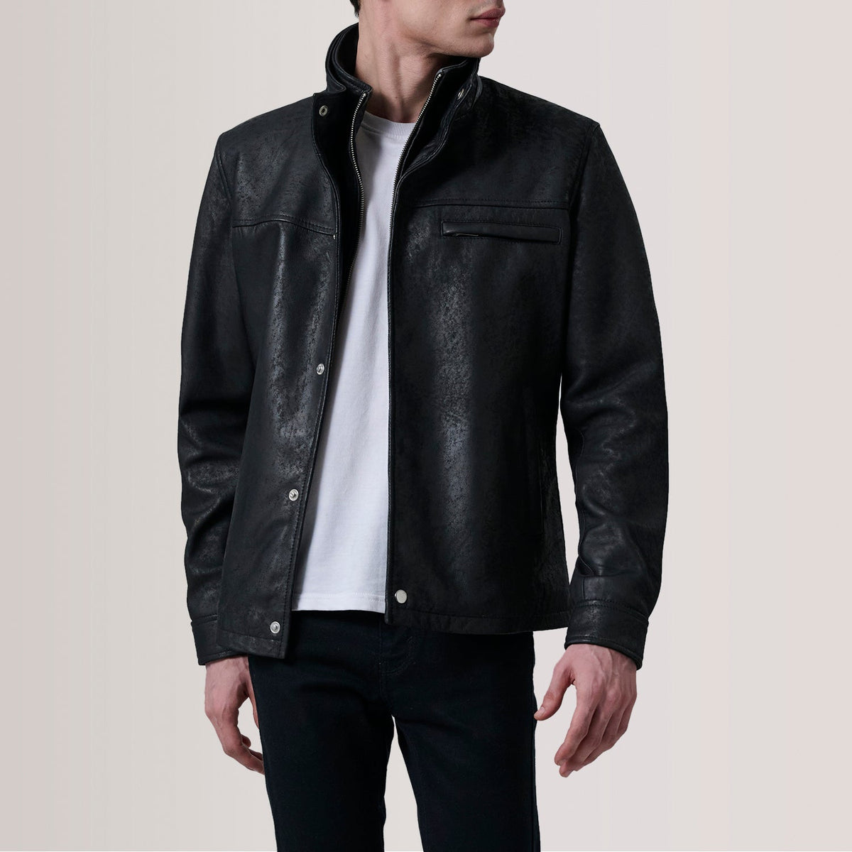 Sean ブラック Snuffed Classic レザージャケット メンズ For Men in Distressed Black Sheepskin Snuffed - Front Profile View &amp; Tailored Silhouette | Buy Online