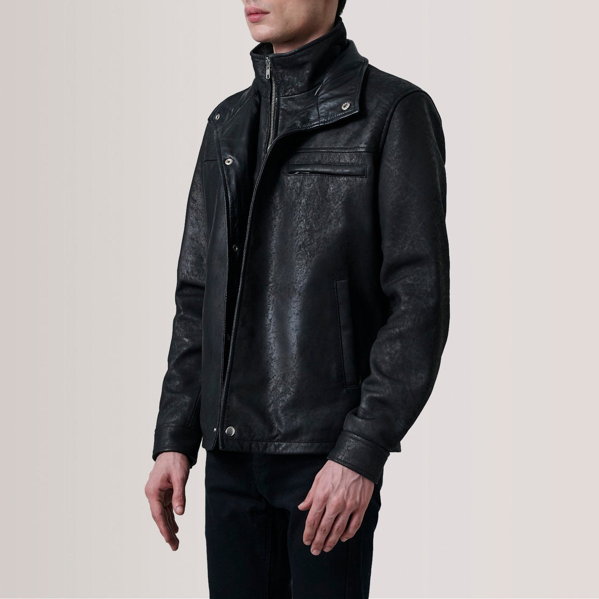 Sean ブラック Snuffed Classic レザージャケット メンズ For Men - Lateral Side Profile View Showing Sleeve Cut &amp; Athletic Taper Fit