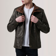 Sean ブラウン Leather Classic レザージャケット メンズ For Men in Brown Sheepskin Leather - Front Profile View &amp; Tailored Silhouette | Buy Online