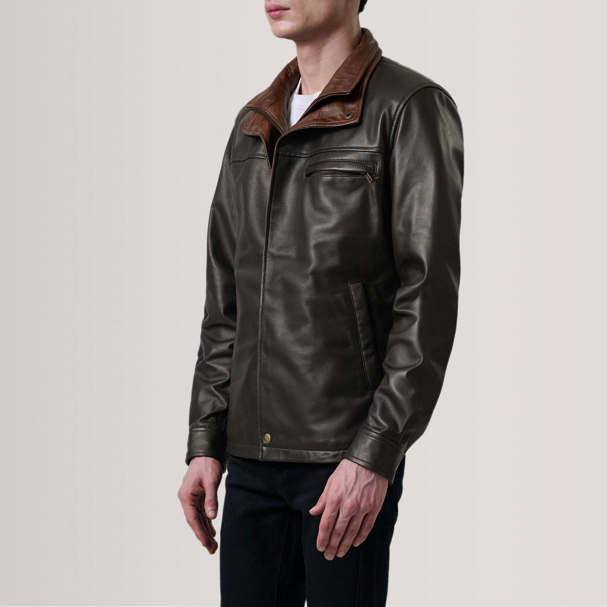 Sean ブラウン Leather Classic レザージャケット メンズ For Men - Lateral Side Profile View Showing Sleeve Cut &amp; Athletic Taper Fit