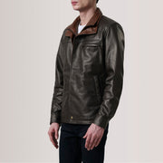 Sean ブラウン Leather Classic レザージャケット メンズ For Men - Lateral Side Profile View Showing Sleeve Cut &amp; Athletic Taper Fit