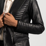 Women's Selina ブラック レザーテーラードブレザー レディース - Lateral Side Profile View Showing Sleeve Cut &amp; Athletic Taper Fit