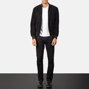 Men's Shane ブラック Suede レザーボンバージャケット メンズ - Lateral Side Profile View Showing Sleeve Cut &amp; Athletic Taper Fit