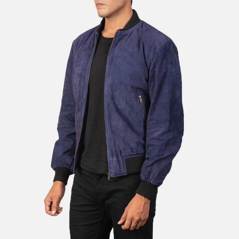 Shane ブルー Suede レザーボンバージャケット メンズ