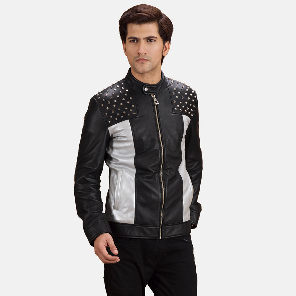 Shapron Studded レザーライダースジャケット メンズ in Black Sheepskin Leather - Front Profile View &amp; Tailored Silhouette | Buy Online