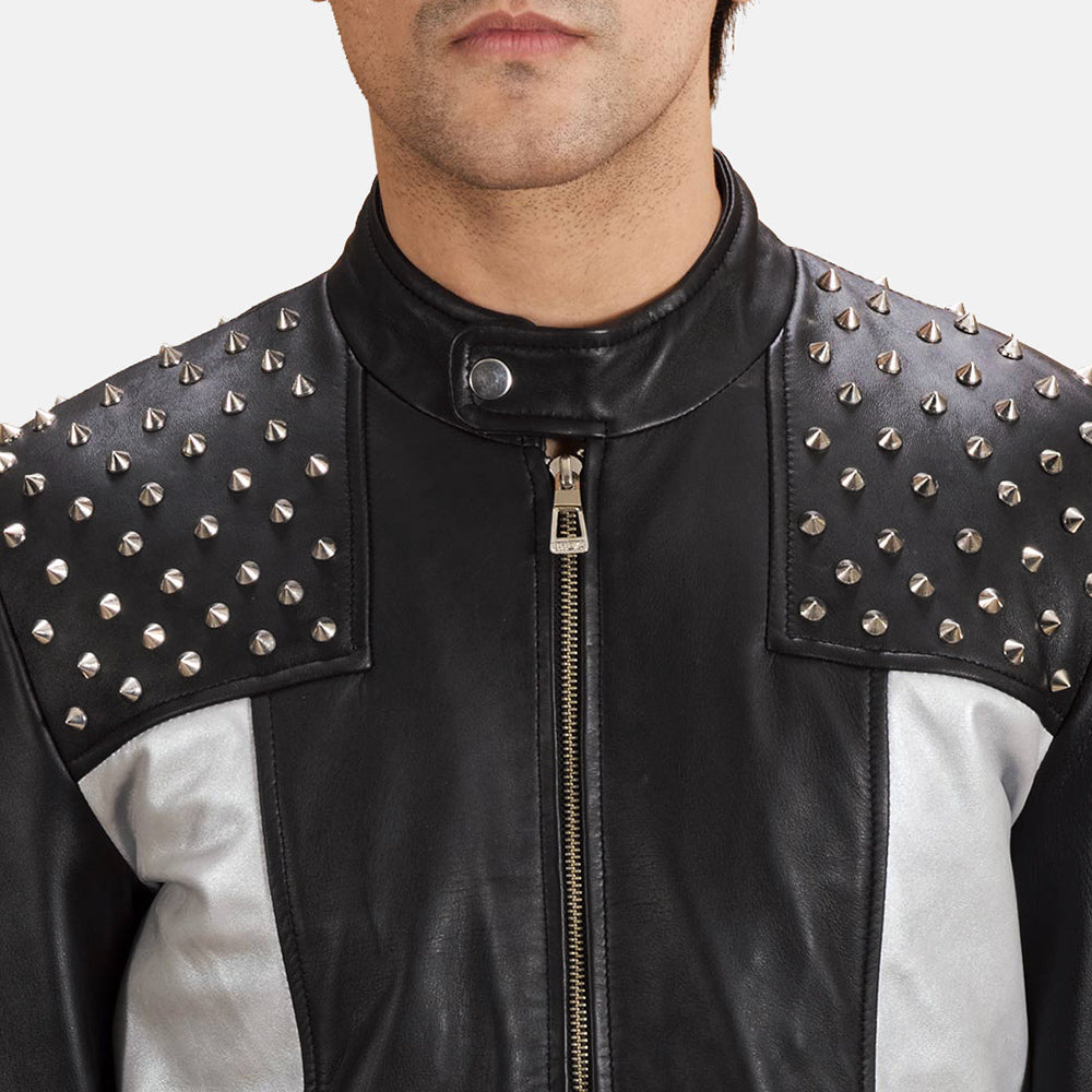 Close-Up Detail of Band with snap button &amp; Zipper Hardware on Shapron Studded レザーライダースジャケット メンズ