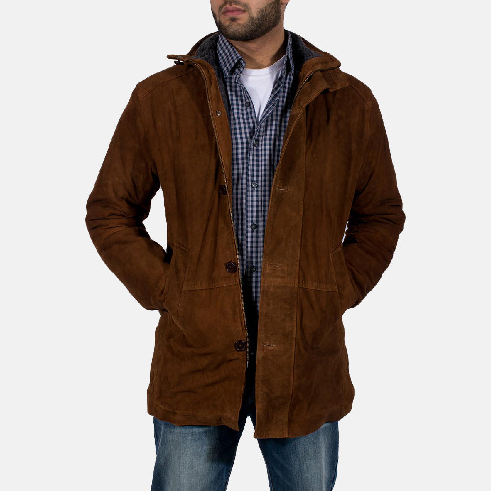 Men's Sheriff ブラウン スエードジャケット メンズ in Brown Goatskin Suede - Front Profile View &amp; Tailored Silhouette | Buy Online