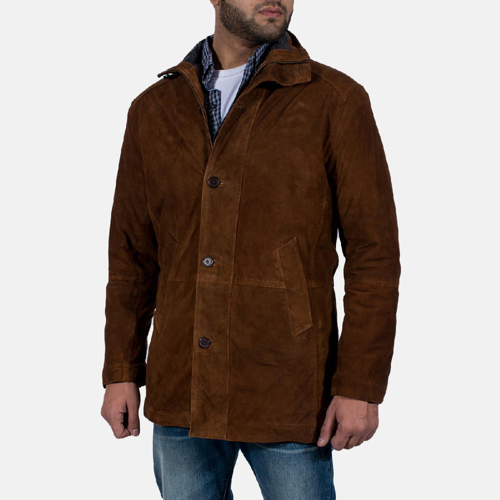 Men's Sheriff ブラウン スエードジャケット メンズ - Lateral Side Profile View Showing Sleeve Cut &amp; Athletic Taper Fit