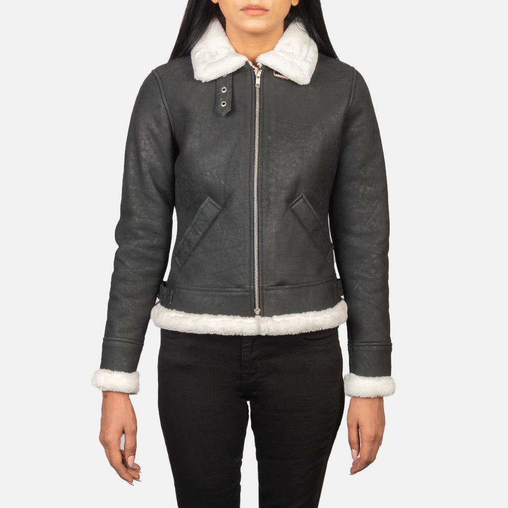 
Sherilyn B-3 ブラック レザーボンバージャケット レディース - Natural Daylight Drape