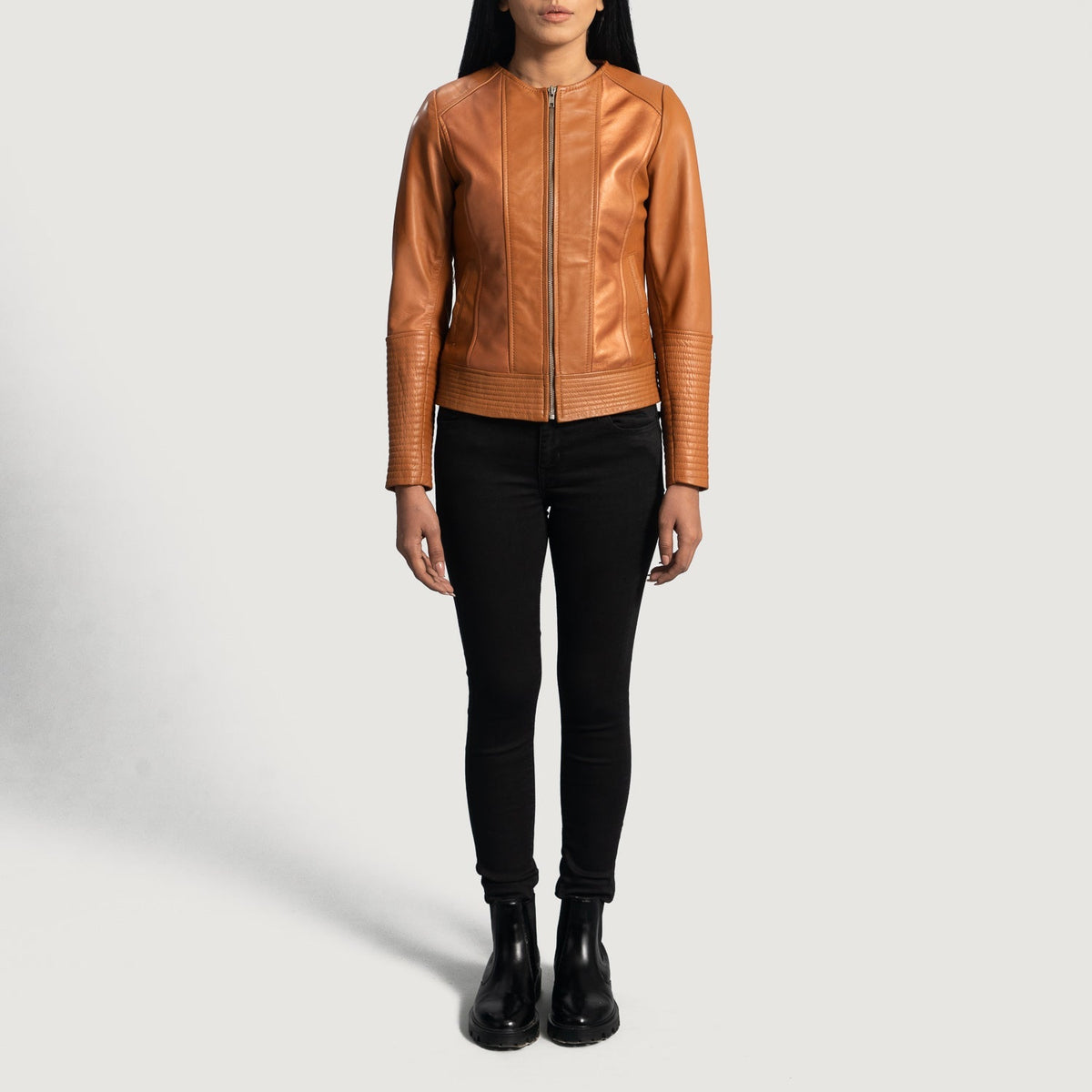 Women's Sleeky Clean タン レザーライダースジャケット レディース - Lateral Side Profile View Showing Sleeve Cut &amp; Athletic Taper Fit