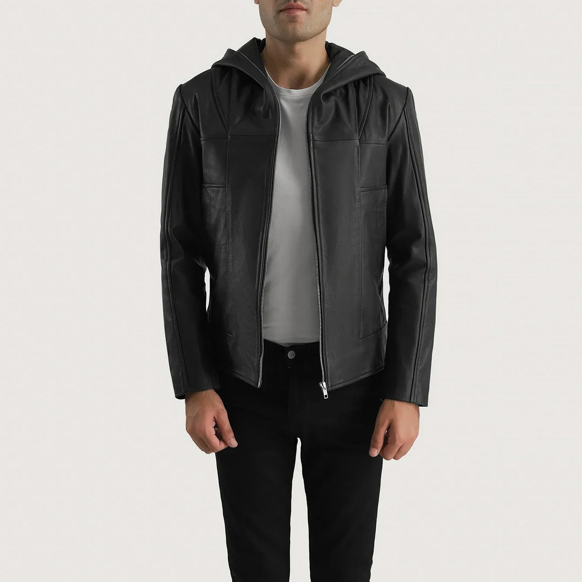 Men's Spratt ブラック Hooded レザージャケット メンズ in Black Goatskin Leather - Front Profile View &amp; Tailored Silhouette | Buy Online
