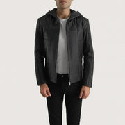 Men's Spratt ブラック Hooded レザージャケット メンズ in Black Goatskin Leather - Front Profile View &amp; Tailored Silhouette | Buy Online