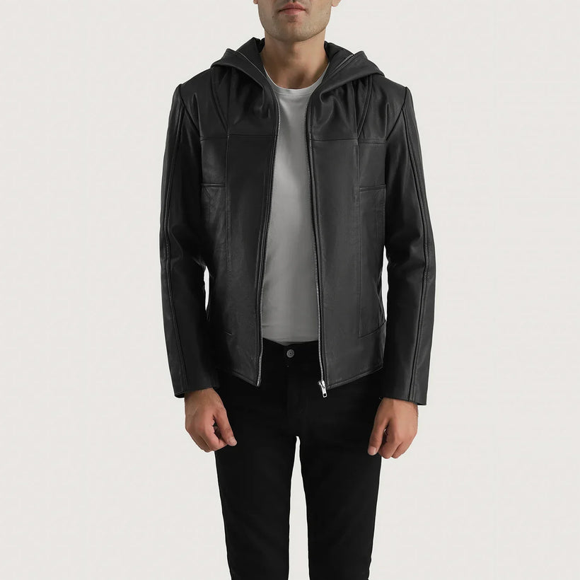 Spratt ブラック Hooded レザージャケット メンズ