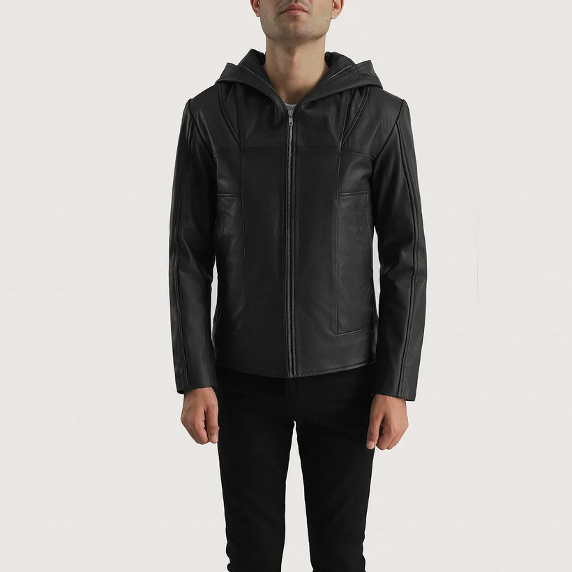 Spratt ブラック Hooded レザージャケット メンズ