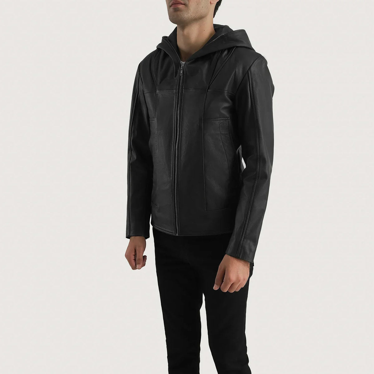 Men's Spratt ブラック Hooded レザージャケット メンズ - Lateral Side Profile View Showing Sleeve Cut &amp; Athletic Taper Fit