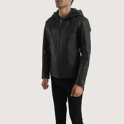 Men's Spratt ブラック Hooded レザージャケット メンズ - Lateral Side Profile View Showing Sleeve Cut &amp; Athletic Taper Fit