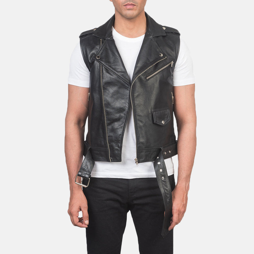 Sullivan ブラック Leather Biker Vest メンズ