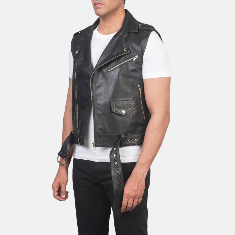 Sullivan ブラック Leather Biker Vest メンズ