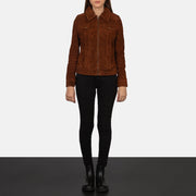 
シャツカラーとジッパー金具の接写ディテール Suzy Brown Suede Trucker Jacket