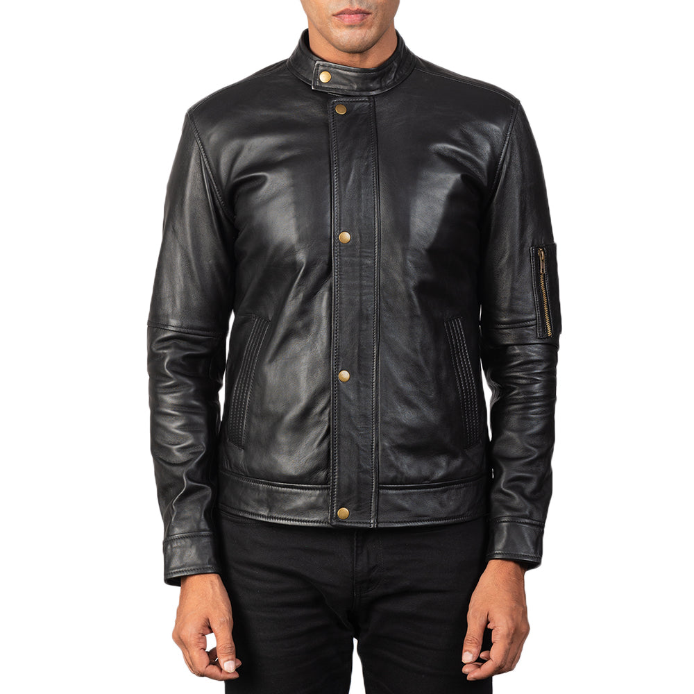 Men's Tea House ブラック レザーライダースジャケット メンズ - Lateral Side Profile View Showing Sleeve Cut &amp; Athletic Taper Fit