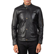 Men's Tea House ブラック レザーライダースジャケット メンズ - Lateral Side Profile View Showing Sleeve Cut &amp; Athletic Taper Fit