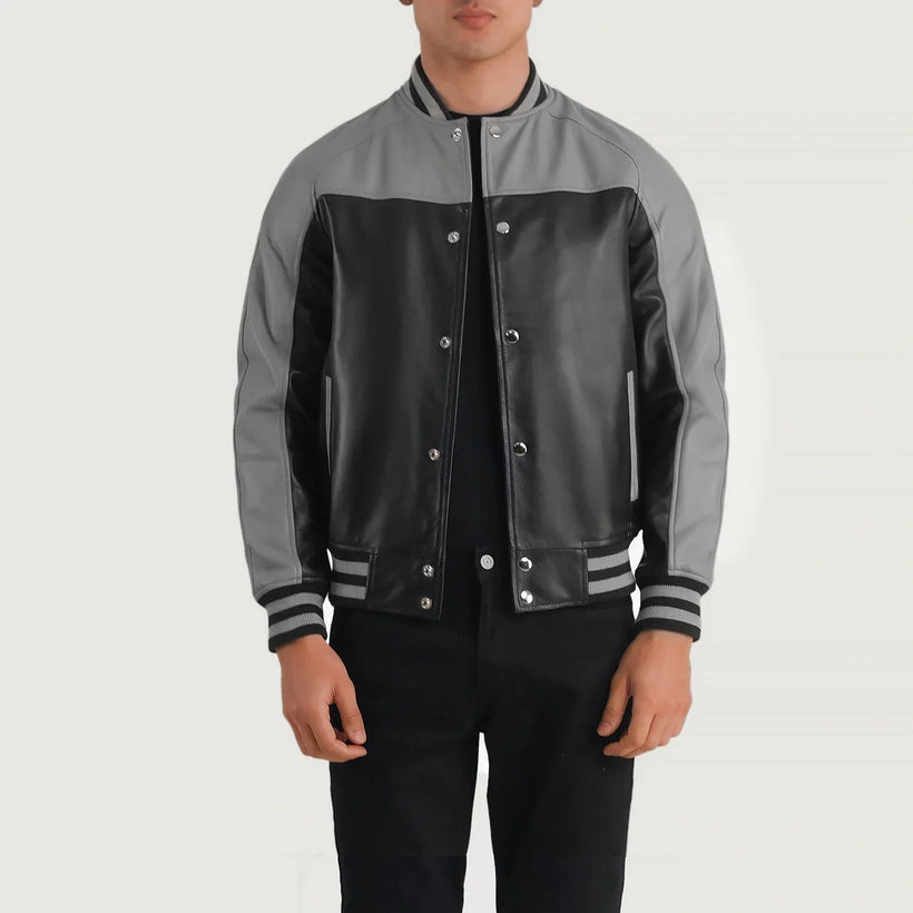 Terrance ブラック Varsity レザージャケット メンズ