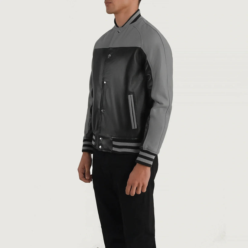 Terrance ブラック Varsity レザージャケット メンズ