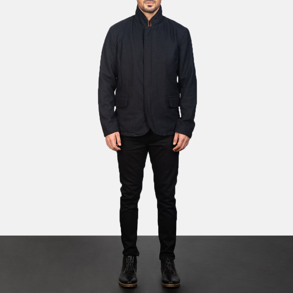 Men's Thomas ブラック Wool レザージャケット メンズ - Lateral Side Profile View Showing Sleeve Cut &amp; Athletic Taper Fit
