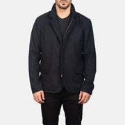Close-Up Detail of Nehru &amp; Zipper with Dual Puller Hardware on Men's Thomas ブラック Wool レザージャケット メンズ