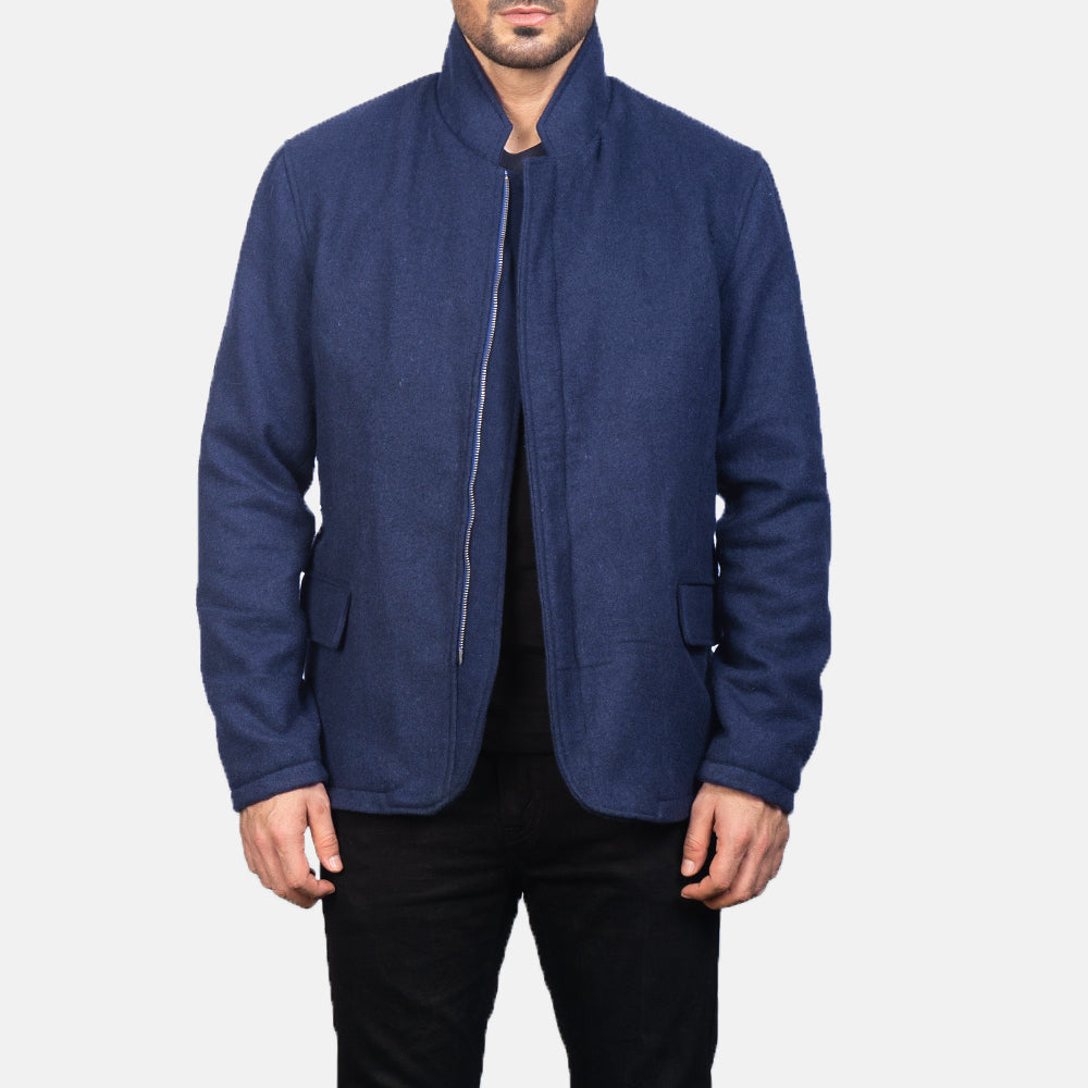 Men's Thomas ブルー Wool レザージャケット メンズ in Navy Blue Synthetic Wool - Front Profile View &amp; Tailored Silhouette | Buy Online