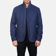 Men's Thomas ブルー Wool レザージャケット メンズ in Navy Blue Synthetic Wool - Front Profile View &amp; Tailored Silhouette | Buy Online