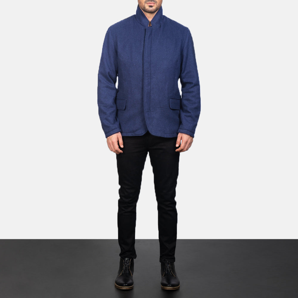 Men's Thomas ブルー Wool レザージャケット メンズ - Lateral Side Profile View Showing Sleeve Cut &amp; Athletic Taper Fit