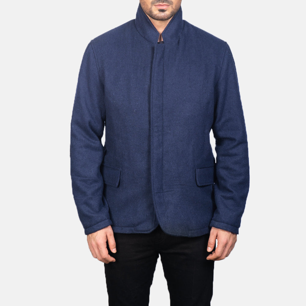 Close-Up Detail of Nehru &amp; Zipper with Dual Puller Hardware on Men's Thomas ブルー Wool レザージャケット メンズ