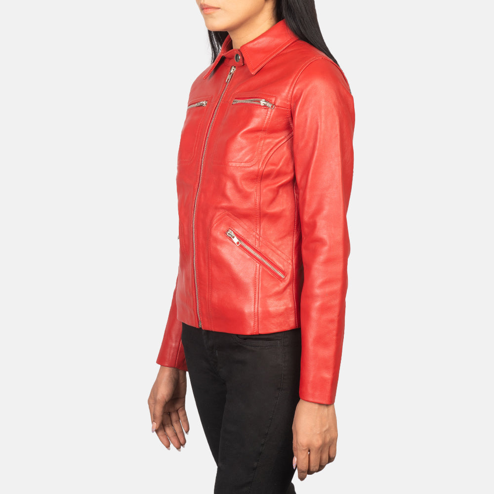 Red Sheep Skin Leather Biker Jacket - Back View Showing Tailored Shoulder Fit &amp; Clean Hemline