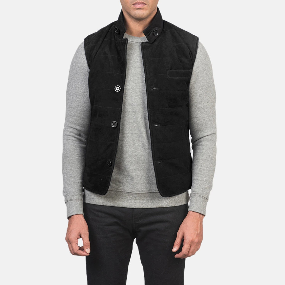 Men's Tony ブラック Suede Vest メンズ in Black Goatskin Suede - Front Profile View &amp; Tailored Silhouette | Buy Online