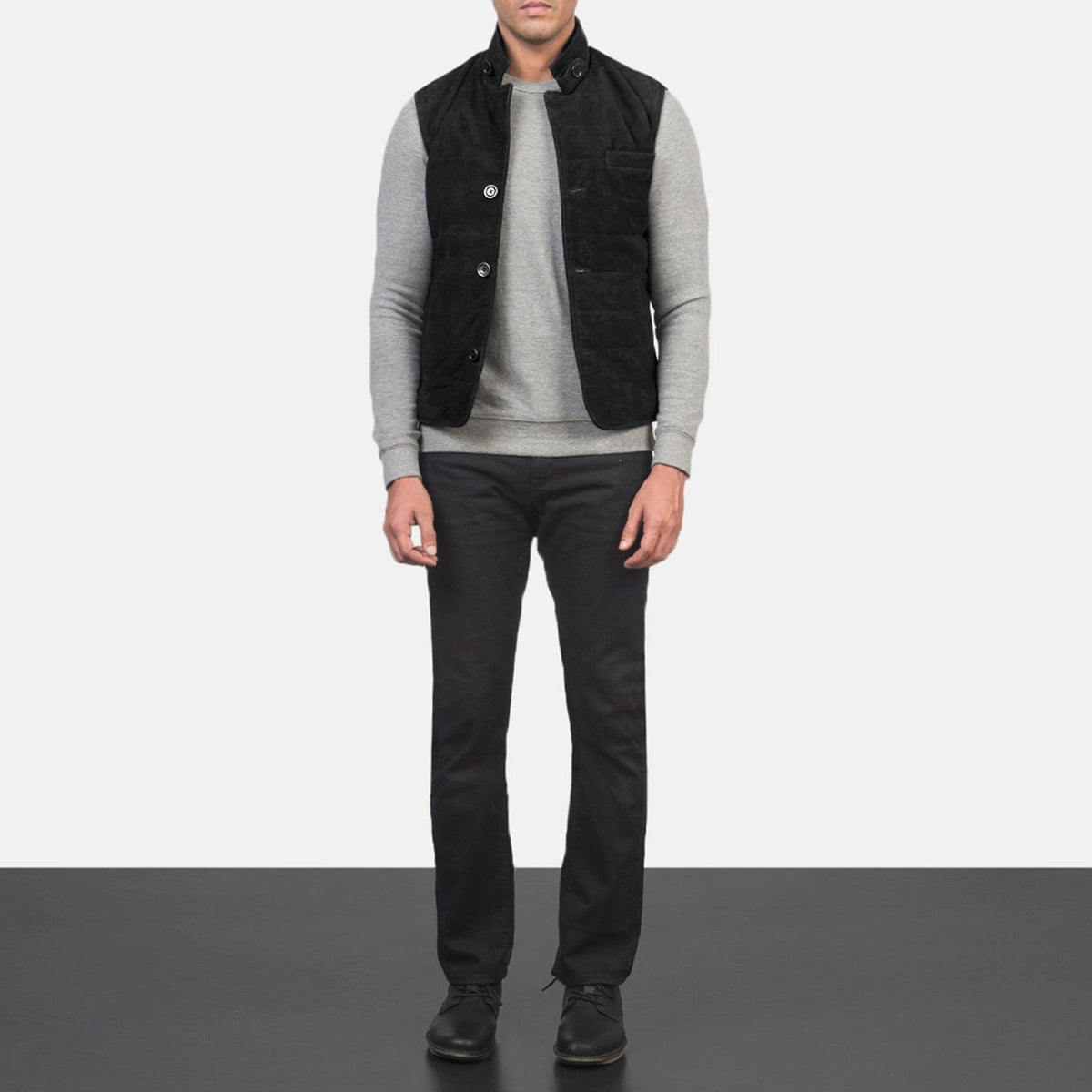 Men's Tony ブラック Suede Vest メンズ - Lateral Side Profile View Showing Sleeve Cut &amp; Athletic Taper Fit