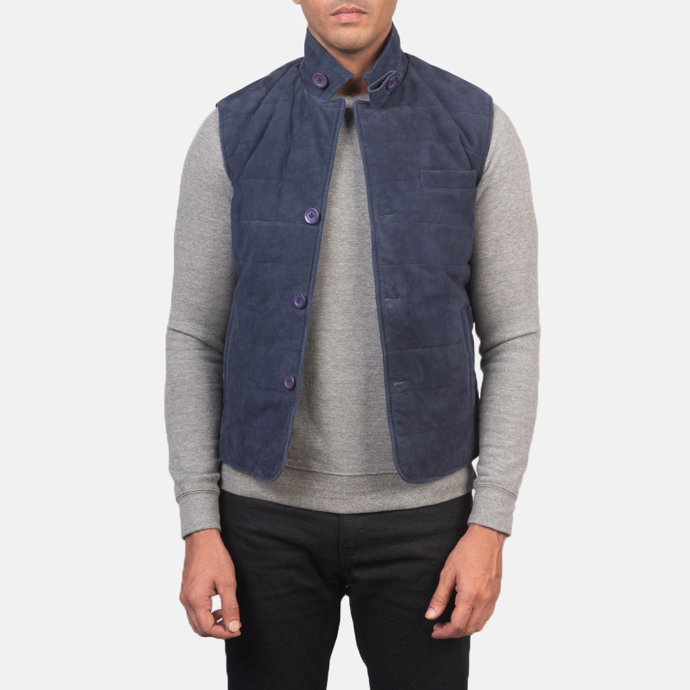 Men's Tony ブルー Suede Vest メンズ in Blue Goatskin Suede - Front Profile View &amp; Tailored Silhouette | Buy Online