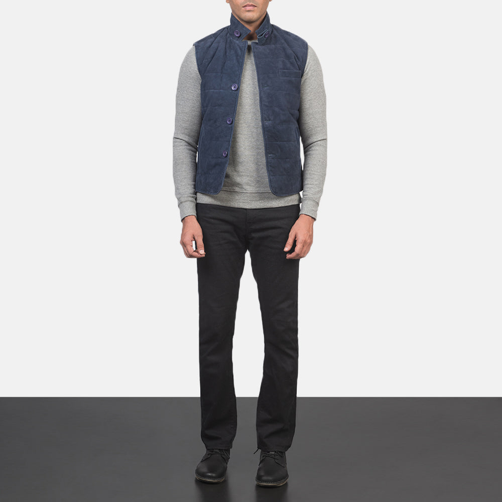 Men's Tony ブルー Suede Vest メンズ - Lateral Side Profile View Showing Sleeve Cut &amp; Athletic Taper Fit