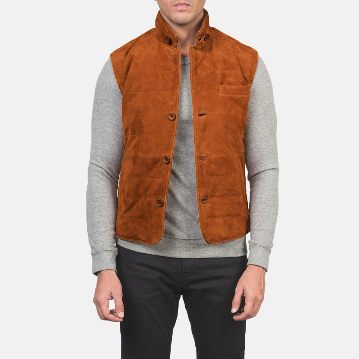 Men's Tony ブラウン Suede Vest メンズ in Brown Goatskin Suede - Front Profile View &amp; Tailored Silhouette | Buy Online
