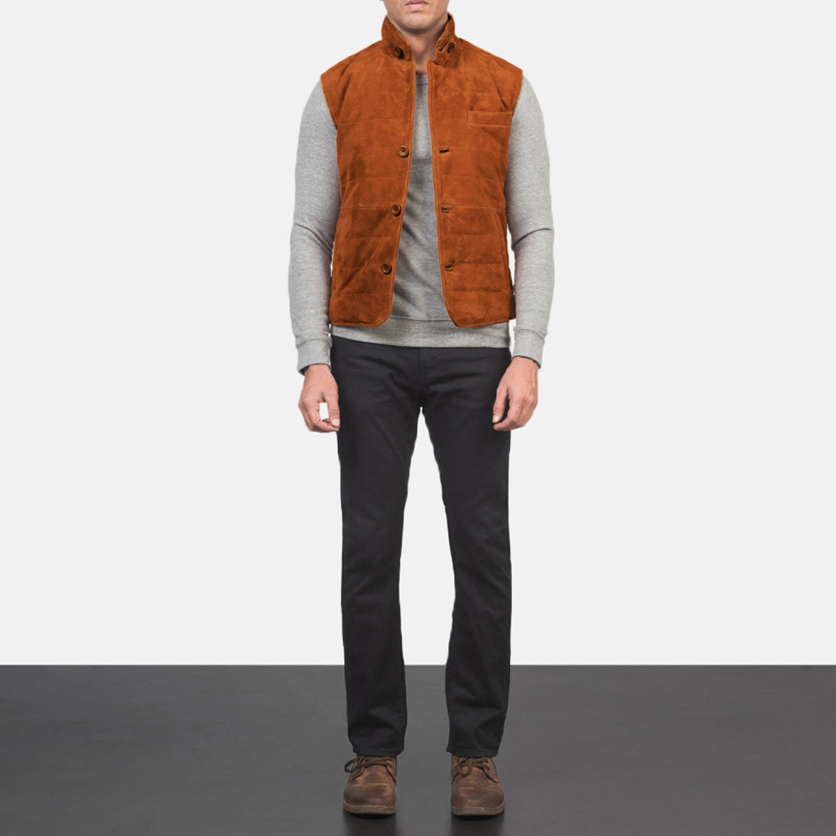 Men's Tony ブラウン Suede Vest メンズ - Lateral Side Profile View Showing Sleeve Cut &amp; Athletic Taper Fit