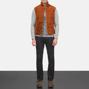 Men's Tony ブラウン Suede Vest メンズ - Lateral Side Profile View Showing Sleeve Cut &amp; Athletic Taper Fit