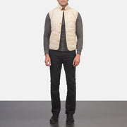 Men's Tony Off-White Suede Vest メンズ - Lateral Side Profile View Showing Sleeve Cut &amp; Athletic Taper Fit