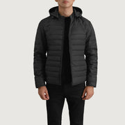 Tyler ブラック Hooded Puffer レザージャケット メンズ in Black Full-Grain Leather - Front Profile View &amp; Tailored Silhouette | Buy Online